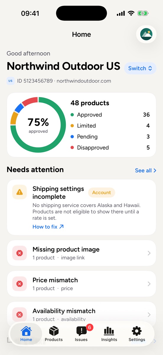 Dashboard with feed health and approved, limited and disapproved product counts