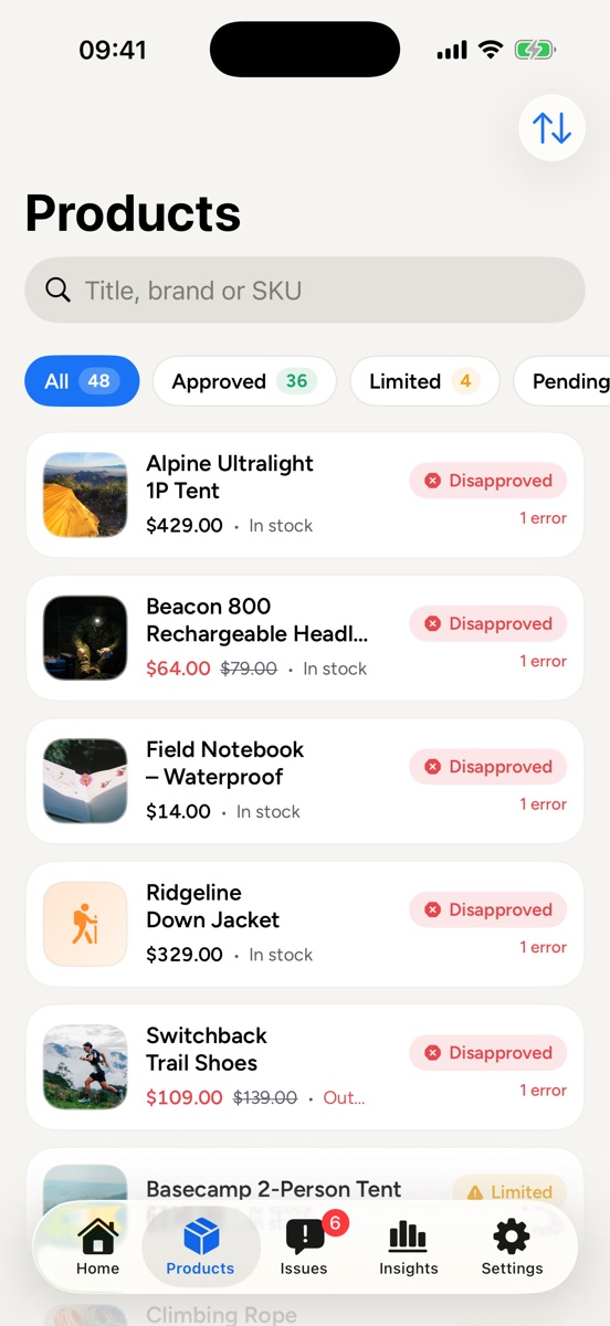 Product list filtered by status
