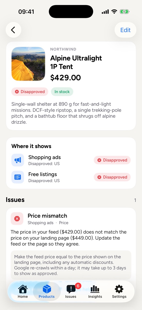 Product details with price, destinations and the issue to fix