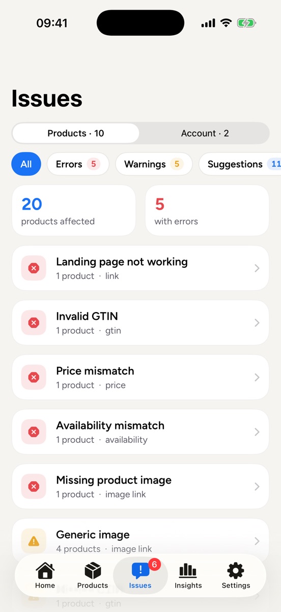 Item issues grouped by cause: errors, warnings and suggestions